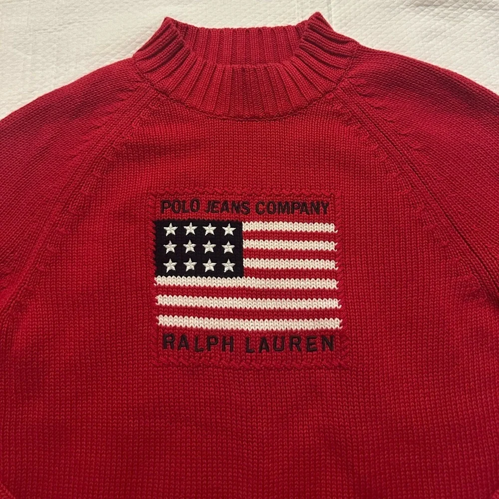 Vintage Polo Ralph Lauren American Flag Mock neck Sweater Knit - Red SMALL - Picture 4 of 7